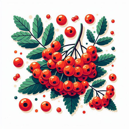 Rowan berries with green leaves and red berries. Vector illustration.のイラスト素材