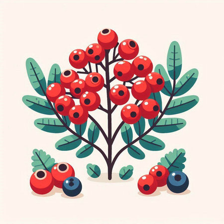 Rowan branch with berries. Vector illustration in flat cartoon style.のイラスト素材