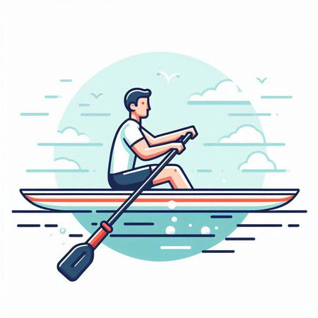 Man rowing on a paddle board. Flat design vector illustration.のイラスト素材