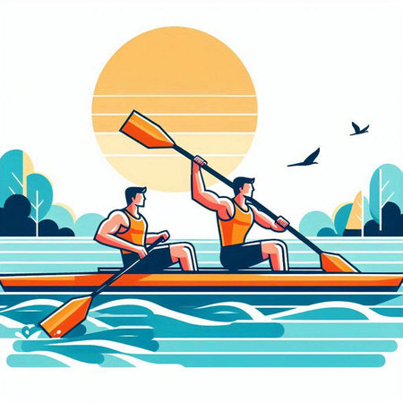 Two men rowing on the river. Vector illustration in flat styleのイラスト素材
