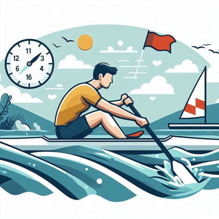 Young man rowing on the boat in the sea. Vector illustration.のイラスト素材