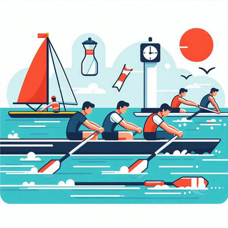 Rowing flat vector illustration. Group of people rowing on boat.のイラスト素材