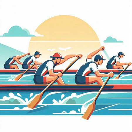 Group of people rowing on the river. Vector illustration in flat styleのイラスト素材