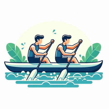 Two men rowing on a kayak. Vector illustration in flat styleのイラスト素材
