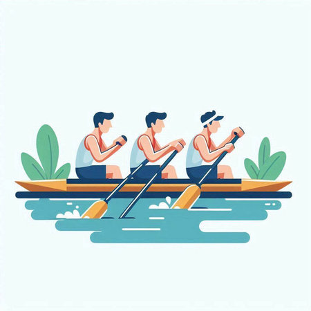 Group of men rowing on the river. Flat vector illustration.のイラスト素材