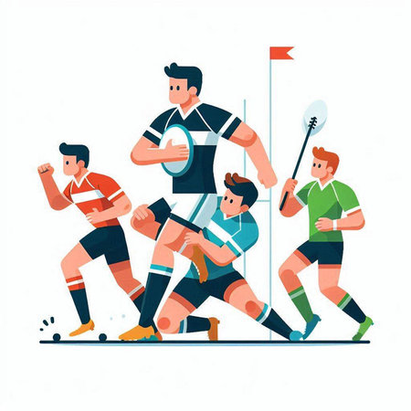 Rugby players in action. Vector illustration in flat cartoon styleのイラスト素材