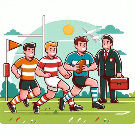 Rugby players on the field. Vector illustration in cartoon style.のイラスト素材
