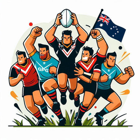 Rugby players with ball and flag of Australia. Vector illustration.のイラスト素材