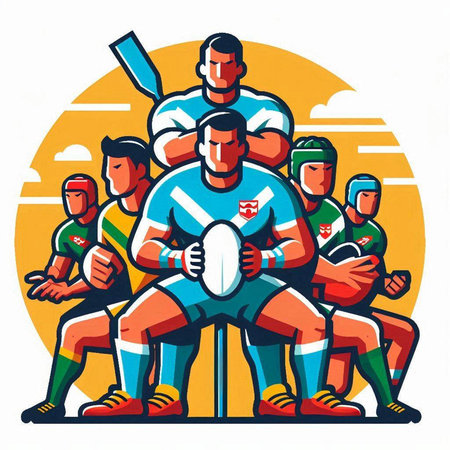 Rugby players team action cartoon sport graphic design template. Vector illustration.のイラスト素材