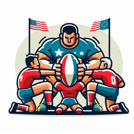 Rugby players with ball and american flags vector illustration.のイラスト素材
