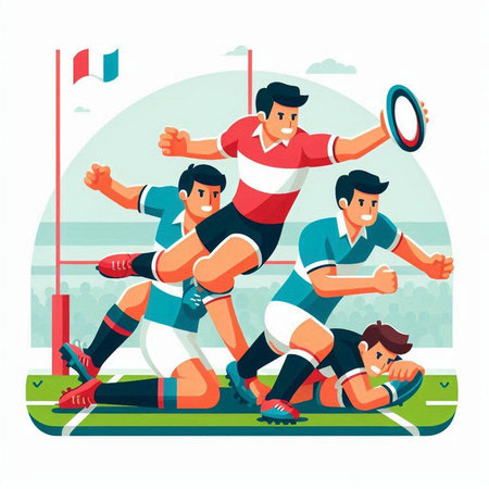 Rugby players in action. Vector illustration in flat cartoon styleのイラスト素材