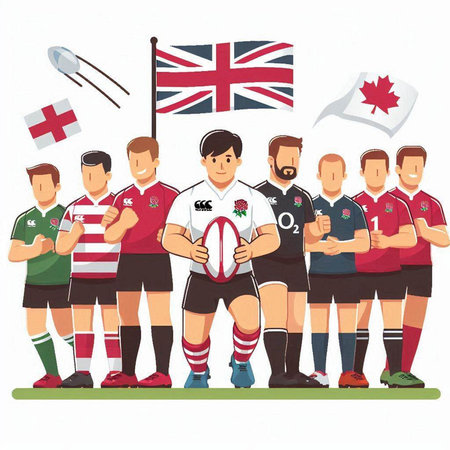 Illustration of a group of rugby players with flags of England and Canadaのイラスト素材