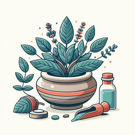 Illustration of a flowerpot with plants and a bottle of medicineのイラスト素材
