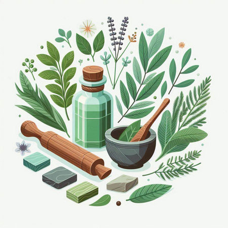 Herbal medicine and aromatherapy vector illustration. Natural organic cosmetic products with herbs, leaves, mortar and pestle.のイラスト素材
