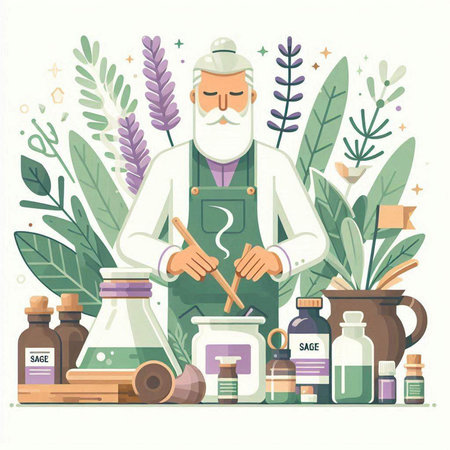 Pharmacist. Flat vector illustration of a man in a white coat and with a wooden spatula.のイラスト素材