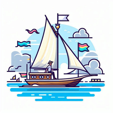 Sailing boat on the sea. Vector illustration in flat style.のイラスト素材