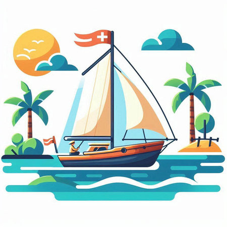 Sailing boat on the sea with palm trees. Vector illustration.のイラスト素材