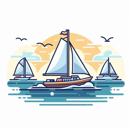 Sailboat in the sea. Vector illustration in thin line style.のイラスト素材