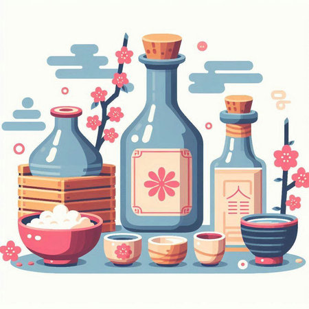 Sake, sakura and sake bottles. Illustration in vector formatのイラスト素材