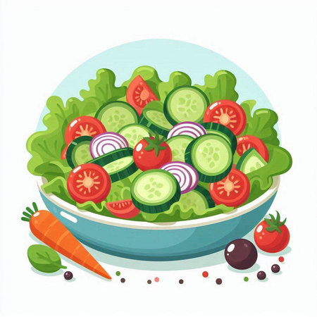 Vegetable salad in a bowl on a white background. Vector illustration.のイラスト素材
