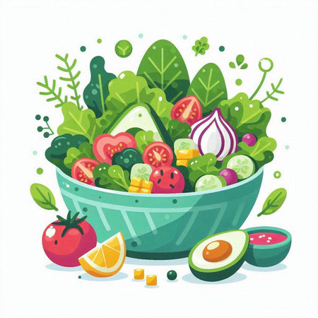 Fresh vegetable salad in a bowl. Vector illustration of healthy food.のイラスト素材
