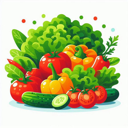 Vegetables vector illustration. Tomato, cucumber, pepper, lettuce, parsley.のイラスト素材