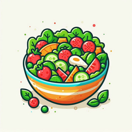 Fresh vegetable salad in a bowl. Hand drawn vector illustration in cartoon style.のイラスト素材