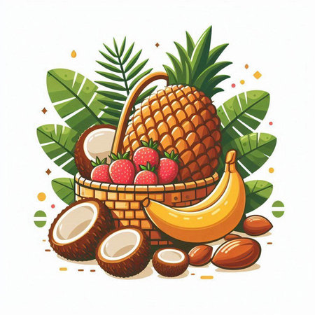 Vector illustration of a basket with tropical fruits on a white background.のイラスト素材