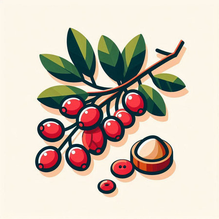 Coffee branch with ripe berries and leaves. Vector illustration.のイラスト素材