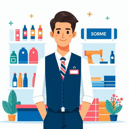 Seller in the store. Vector illustration in flat cartoon style.のイラスト素材