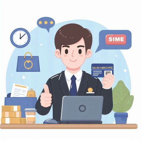 Businessman with laptop and online shopping concept. Vector illustration in cartoon style.のイラスト素材