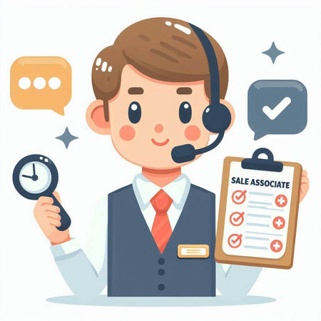 Businessman in headset holding time management checklist. Vector flat cartoon illustrationのイラスト素材