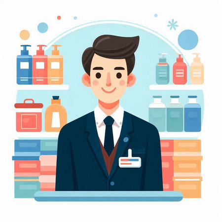 Man at the counter in the store. Vector illustration in flat styleのイラスト素材