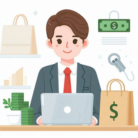 Businessman using laptop and online shopping. Vector illustration in flat styleのイラスト素材