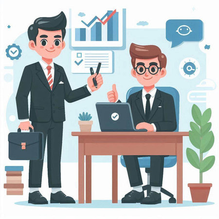 Businessman with laptop in office. Vector illustration in cartoon style.のイラスト素材