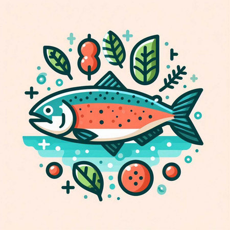 Colorful vector illustration of a trout fish in a circle with leaves and berries.のイラスト素材