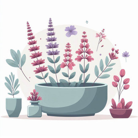 Flower pot with lavender and succulents. Vector illustration.のイラスト素材