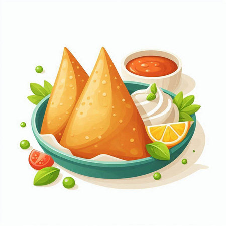 Fried samosas. Traditional indian food. Vector illustrationのイラスト素材
