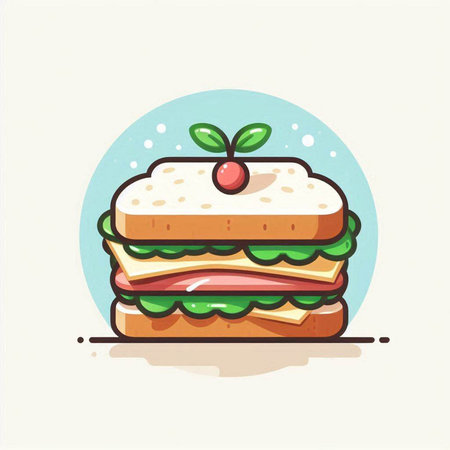 Sandwich icon. Vector illustration of a sandwich with ham, cheese and cherry.のイラスト素材