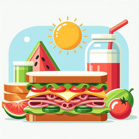 Sandwich with fresh vegetables, fruits and juice. Vector illustration.のイラスト素材