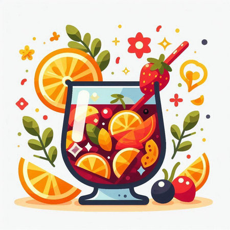 Sangria cocktail with fruits and berries. Vector illustration in flat styleのイラスト素材