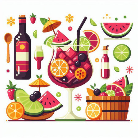 Cocktail party set. Alcohol drinks, fruit, ice cream, watermelon, lemonade, orange, grapefruit, lemonade, rum, lemonade, lemonade. Vector illustrationのイラスト素材