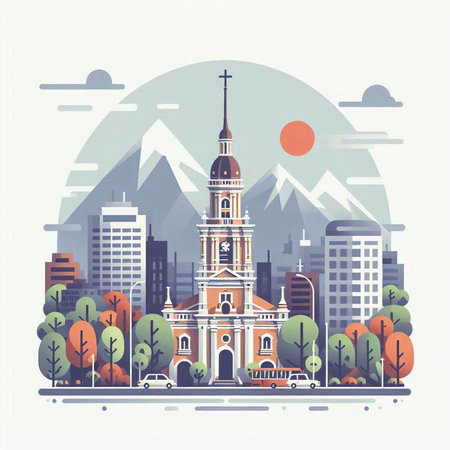 Church on the background of the city. Flat design. Vector illustrationのイラスト素材