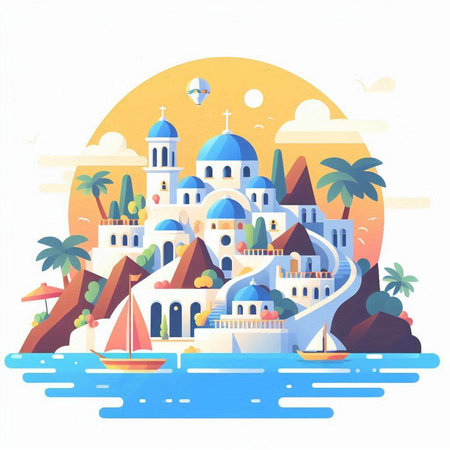 Santorini island in Greece. Flat style vector illustration.のイラスト素材