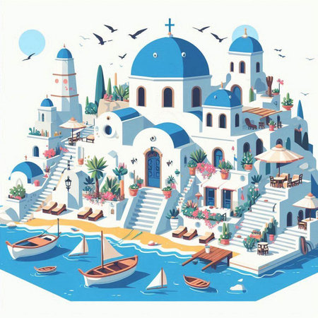 Santorini island. Greece. Vector illustration in cartoon styleのイラスト素材