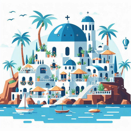 Santorini island, Greece. Vector illustration in flat styleのイラスト素材