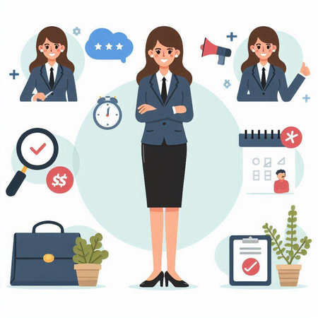 Business woman character with set of icons. Vector illustration in flat styleのイラスト素材
