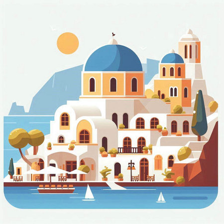 Santorini island, Greece. Vector illustration in flat styleのイラスト素材