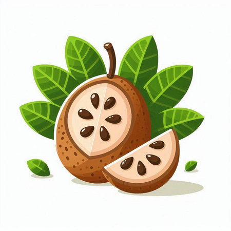 Sapodilla fruit with leaves isolated on white background. Vector illustration.のイラスト素材