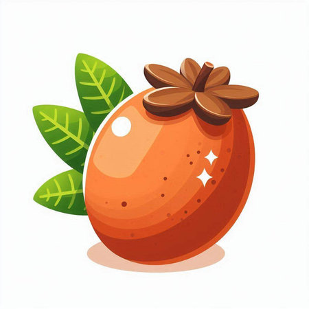 Persimmon fruit with leaves isolated on white background. Vector illustration.のイラスト素材